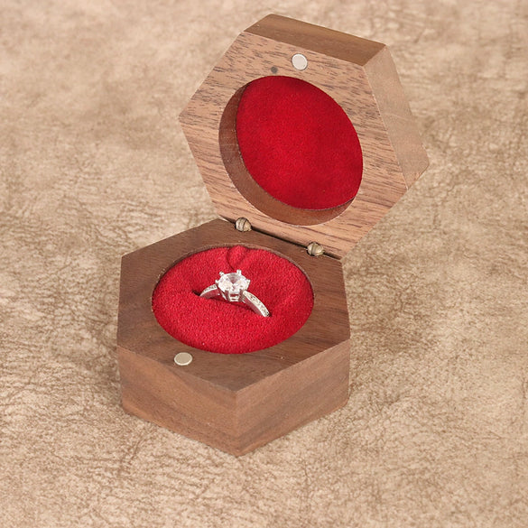 Wooden Hexagon Ring Gift Box With Flannel Lining And Window Six Sided Jewelry Packaging Box