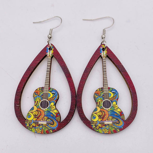 Wooden Hollow Electronic Guitar Earrings Handmade With Ushaped Drop Shape Geometric Pattern For Women