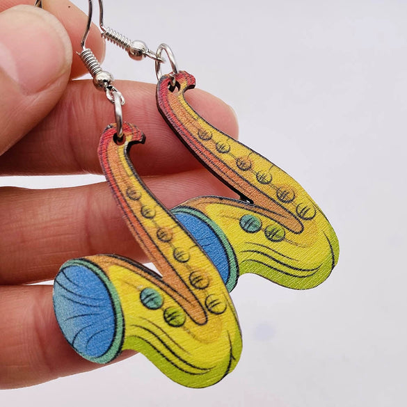 Wooden Hollow Electronic Guitar Earrings Handmade With Ushaped Drop Shape Geometric Pattern For Women