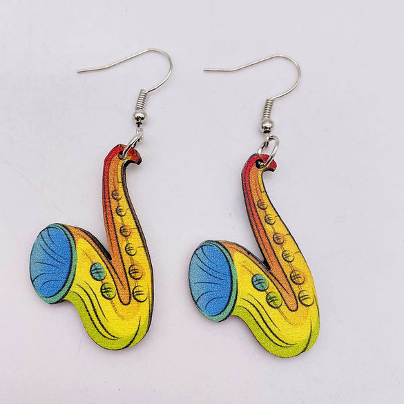 Wooden Hollow Electronic Guitar Earrings Handmade With Ushaped Drop Shape Geometric Pattern For Women