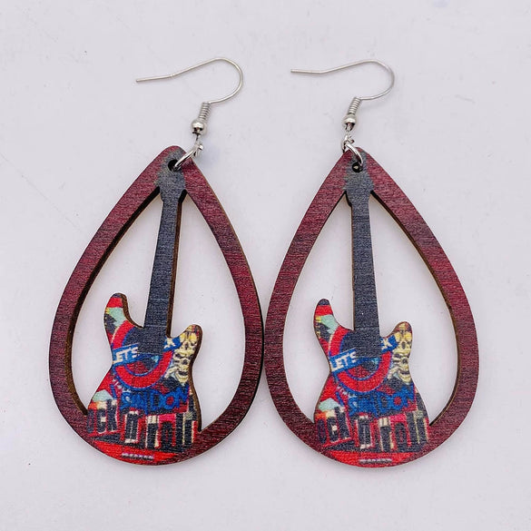 Wooden Hollow Electronic Guitar Earrings Handmade With Ushaped Drop Shape Geometric Pattern For Women