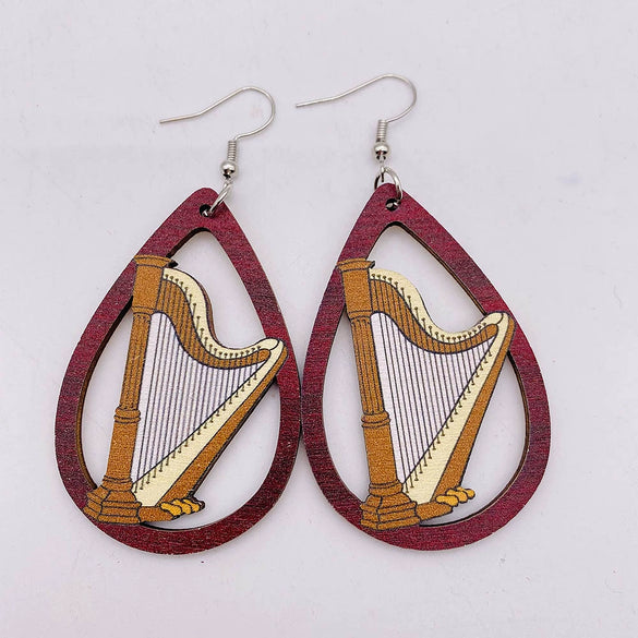 Wooden Hollow Electronic Guitar Earrings Handmade With Ushaped Drop Shape Geometric Pattern For Women