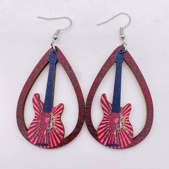 Wooden Hollow Electronic Guitar Earrings Handmade With Ushaped Drop Shape Geometric Pattern For Women