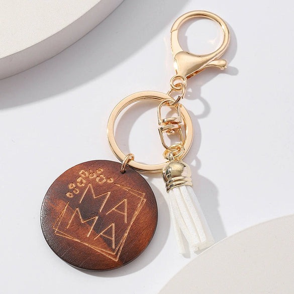 Wooden Keychain Modern Art Letter Tassel Car Key Case Pendant