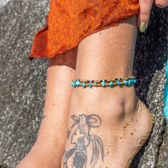 Woven Beaded Anklet With Geometric Turquoise Ccb Pine Stone For Women