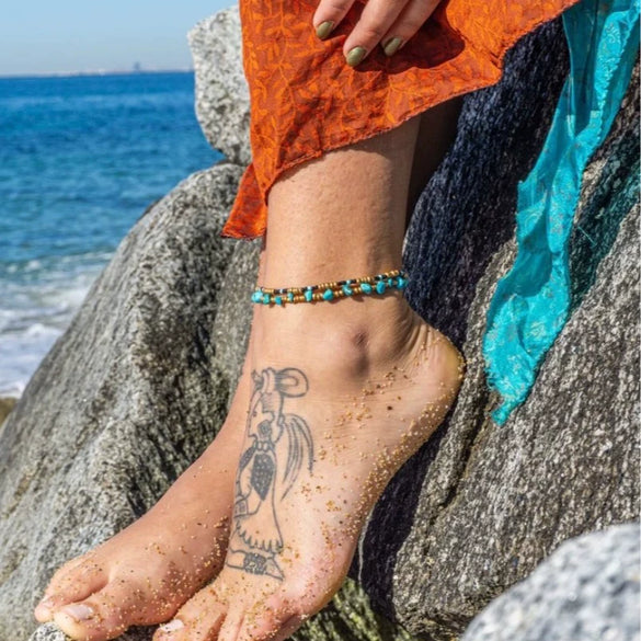 Woven Beaded Anklet With Geometric Turquoise Ccb Pine Stone For Women