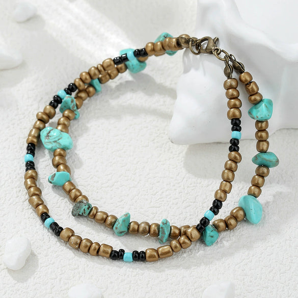Woven Beaded Anklet With Geometric Turquoise Ccb Pine Stone For Women
