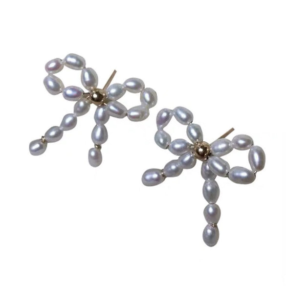 Woven Bow Natural Freshwater Rice Pearl Earrings For Women