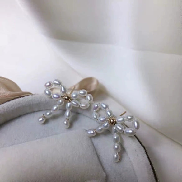 Woven Bow Natural Freshwater Rice Pearl Earrings For Women