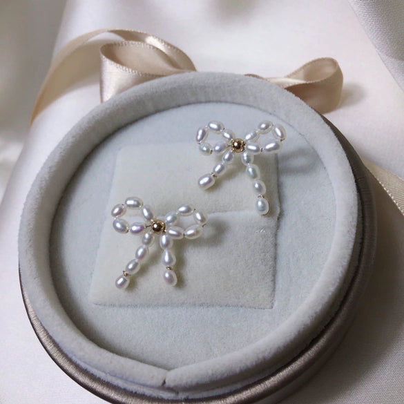 Woven Bow Natural Freshwater Rice Pearl Earrings For Women