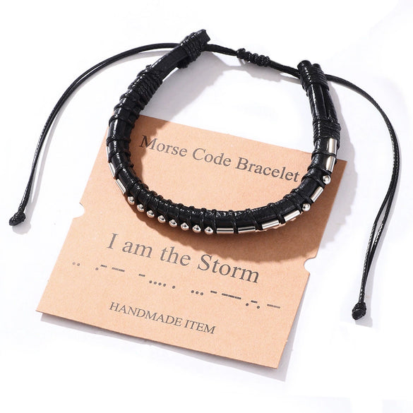 Woven Cowhide And Stainless Steel Bracelet With Geometric Pattern Unisex Fashion Style