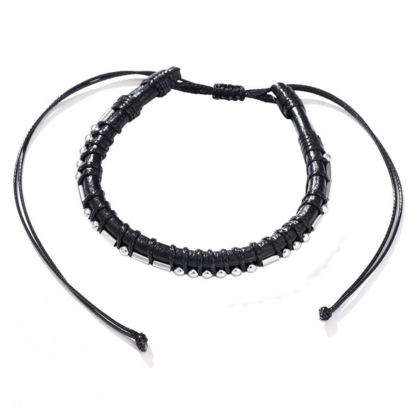 Woven Cowhide And Stainless Steel Bracelet With Geometric Pattern Unisex Fashion Style