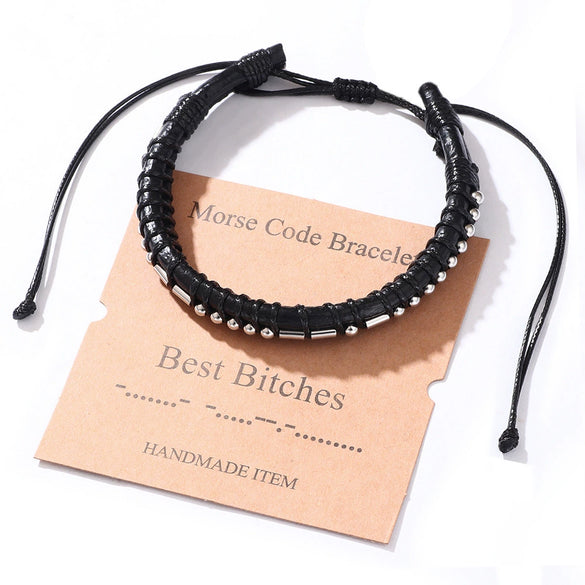 Woven Cowhide And Stainless Steel Bracelet With Geometric Pattern Unisex Fashion Style