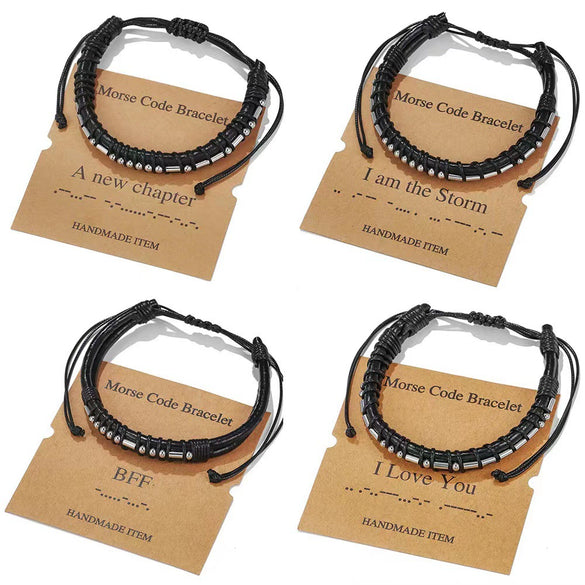 Woven Cowhide And Stainless Steel Bracelet With Geometric Pattern Unisex Fashion Style