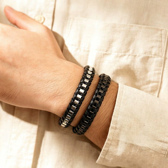 Woven Stainless Steel Geometric Spliced Bracelet With Magnetic Clasp Electroplated Fashion Bracelet For Women