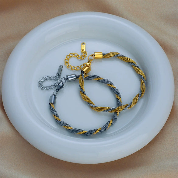 Woven Two Color Titanium Steel Geometric Design Electroplated Unisex Bracelet Mesh Jewelry