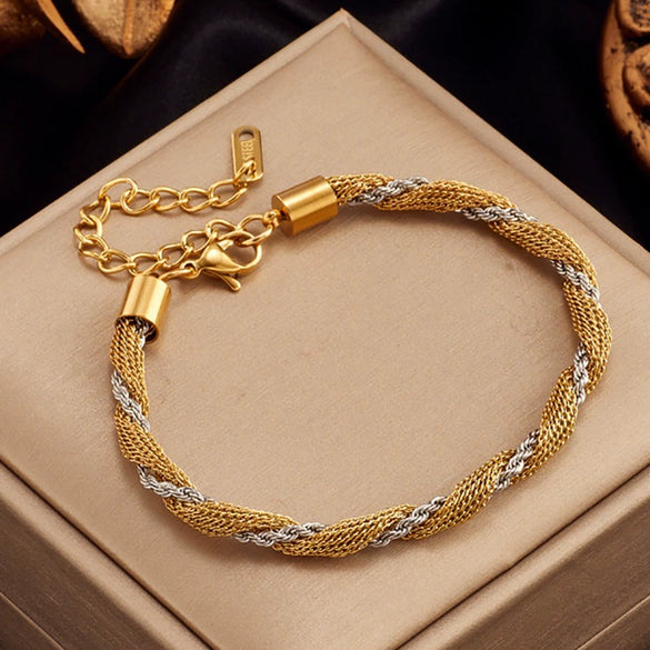 Woven Two Color Titanium Steel Geometric Design Electroplated Unisex Bracelet Mesh Jewelry