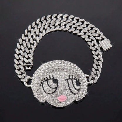 1PC Y2K Hip-Hop Cartoon Character Alloy Women'S Big Size Silver Plated Hip Hop Cartoon Girl Pendant Necklace Fashion Full Diamond Iced Out Gold Plating Loverly Y2K Charm Statement Necklace Cuba Link Jewelry