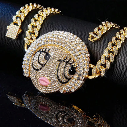 1PC Y2K Hip-Hop Cartoon Character Alloy Women'S Big Size Silver Plated Hip Hop Cartoon Girl Pendant Necklace Fashion Full Diamond Iced Out Gold Plating Loverly Y2K Charm Statement Necklace Cuba Link Jewelry