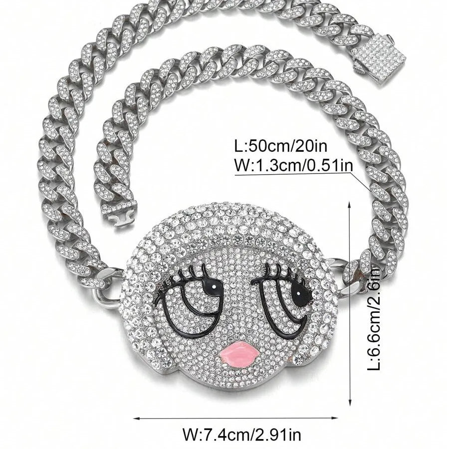 1PC Y2K Hip-Hop Cartoon Character Alloy Women'S Big Size Silver Plated Hip Hop Cartoon Girl Pendant Necklace Fashion Full Diamond Iced Out Gold Plating Loverly Y2K Charm Statement Necklace Cuba Link Jewelry