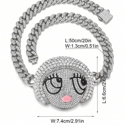 1PC Y2K Hip-Hop Cartoon Character Alloy Women'S Big Size Silver Plated Hip Hop Cartoon Girl Pendant Necklace Fashion Full Diamond Iced Out Gold Plating Loverly Y2K Charm Statement Necklace Cuba Link Jewelry