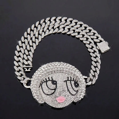 1PC Y2K Hip-Hop Cartoon Character Alloy Women'S Big Size Silver Plated Hip Hop Cartoon Girl Pendant Necklace Fashion Full Diamond Iced Out Gold Plating Loverly Y2K Charm Statement Necklace Cuba Link Jewelry