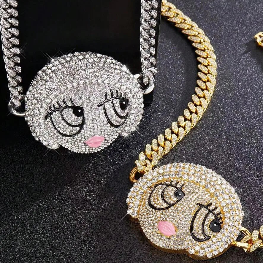 1PC Y2K Hip-Hop Cartoon Character Alloy Women'S Big Size Silver Plated Hip Hop Cartoon Girl Pendant Necklace Fashion Full Diamond Iced Out Gold Plating Loverly Y2K Charm Statement Necklace Cuba Link Jewelry