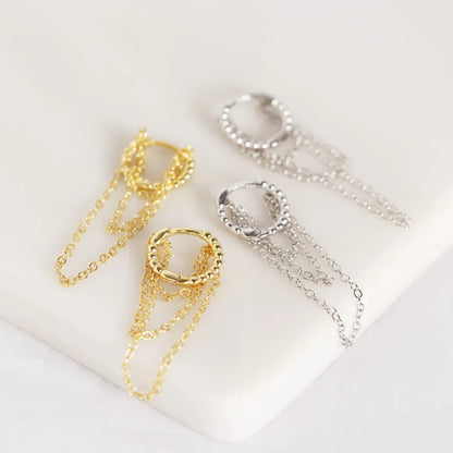 Yhe0141 White Fungus Buckle S925 Sterling Silver Geometric Round Bead Tassel Multi-layer Chain Ear Buckle Earrings