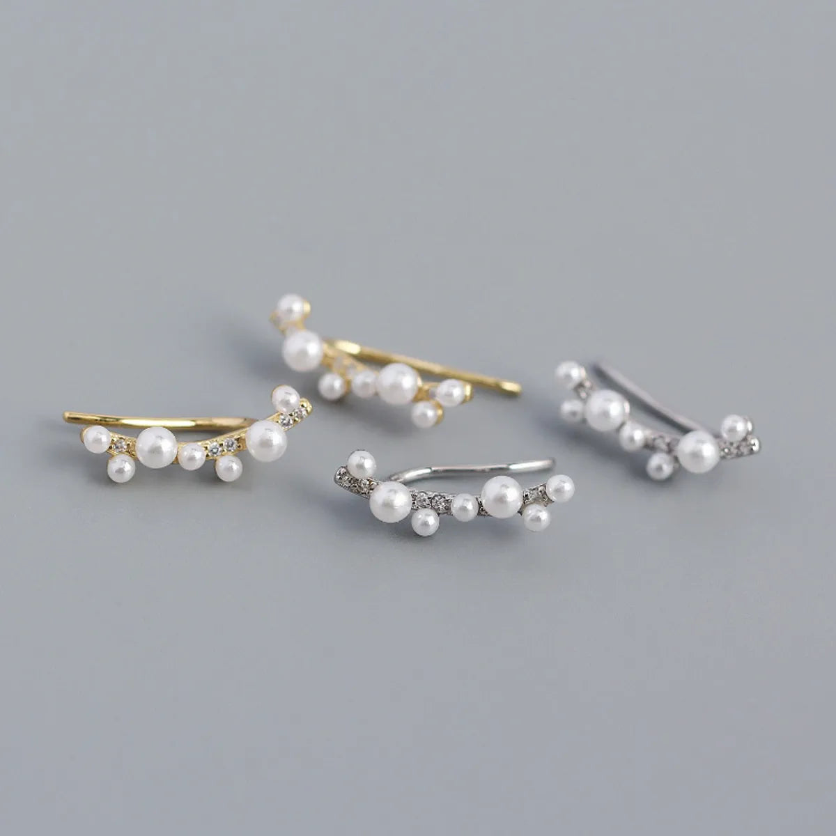 Yhe0326 S925 Silver Geometric Imitation Pearl Diamond Branch Ear Clip Earrings