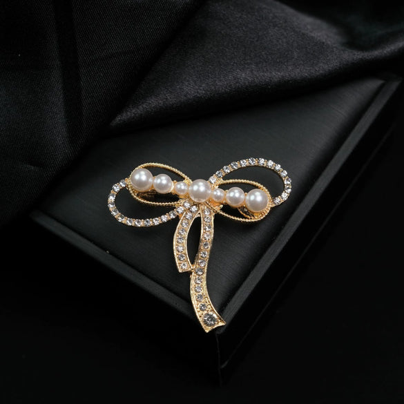 Zinc Alloy Bow Pearl Rhinestone Brooch Electroplating