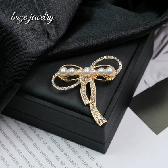 Zinc Alloy Bow Pearl Rhinestone Brooch Electroplating