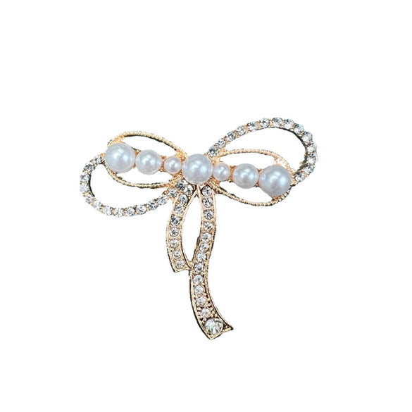 Zinc Alloy Bow Pearl Rhinestone Brooch Electroplating
