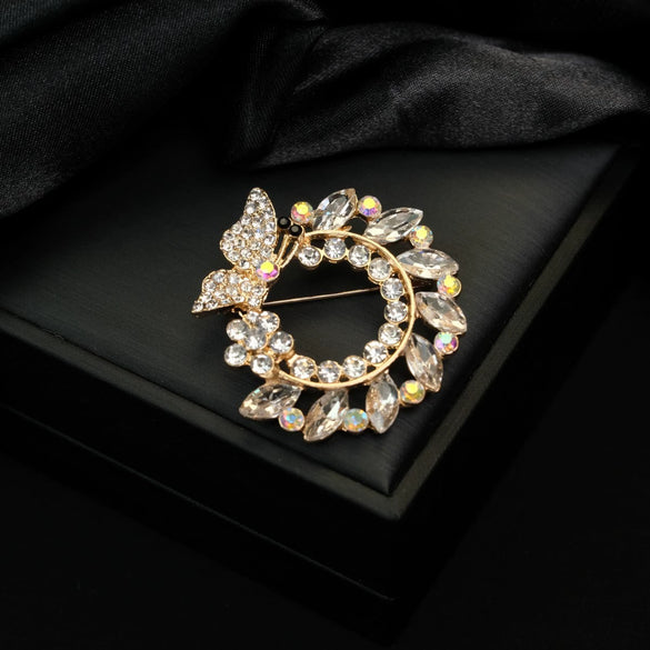 Zinc Alloy Crystal Leaf Wreath Brooch Electroplating Light Luxury Creative Suit Accessories
