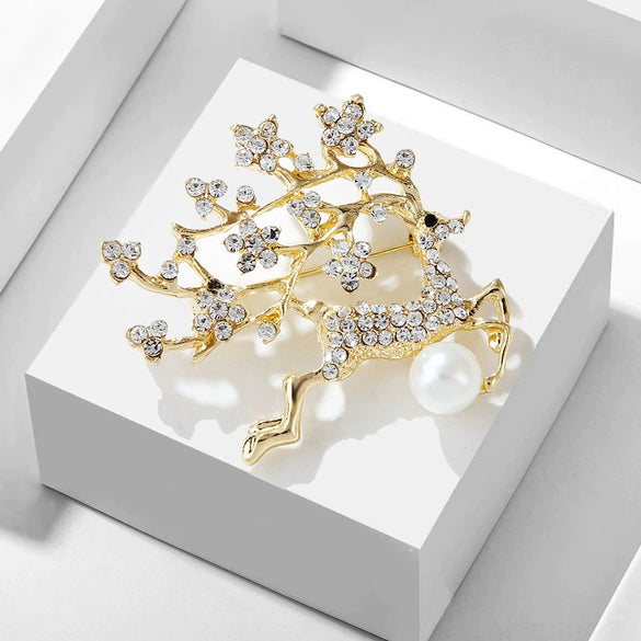Zinc Alloy Elk Brooch With Diamond And Pearl Accents Simple Animal Collar Pin For Women's Fashion