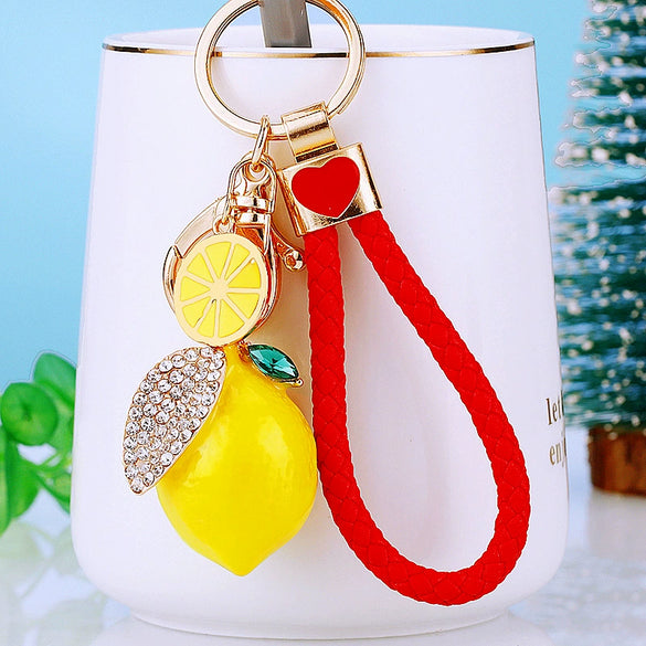 Zinc Alloy Fruit Lemon Car Keychain Diamondencrusted Cartoon Key Chain For Women