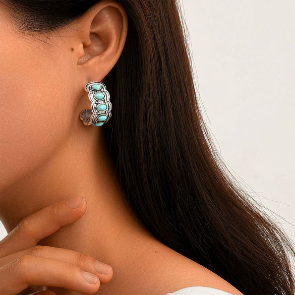 Zinc Alloy Geometric Retro Cshaped Electroplated Earrings For Women With Inlaid Green Natural Stone