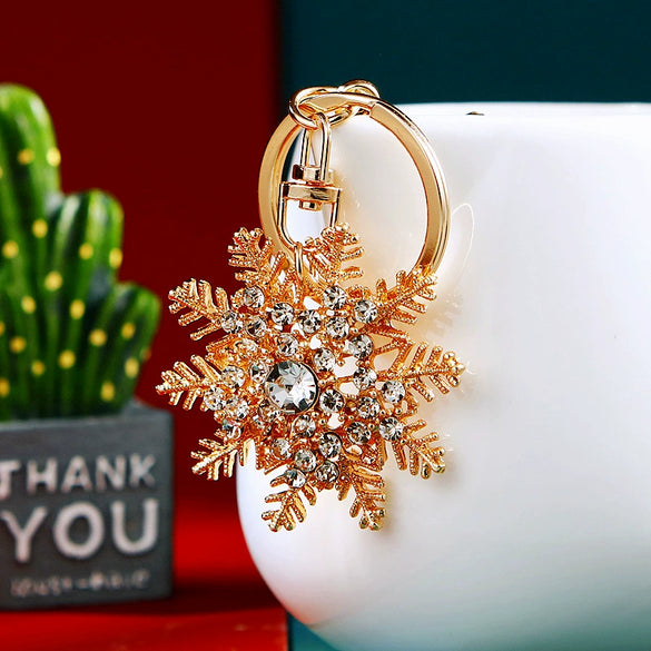 Zinc Alloy Metal Christmas Snowflake Car Keychain With Diamond Embedded For Women's Bag Pendant