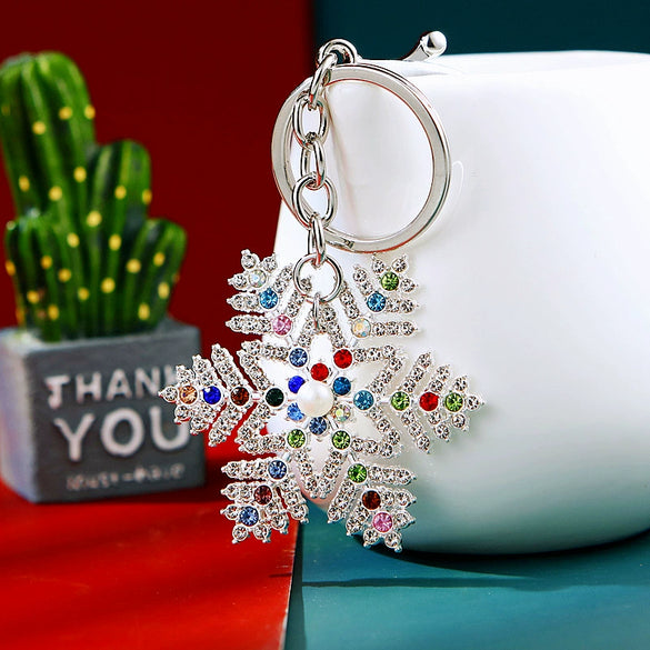 Zinc Alloy Metal Christmas Snowflake Car Keychain With Diamond Embedded For Women's Bag Pendant