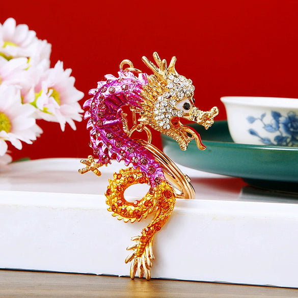 Zinc Alloy Rhinestone Zodiac Dragon Keychain For Women's Bag Pendant