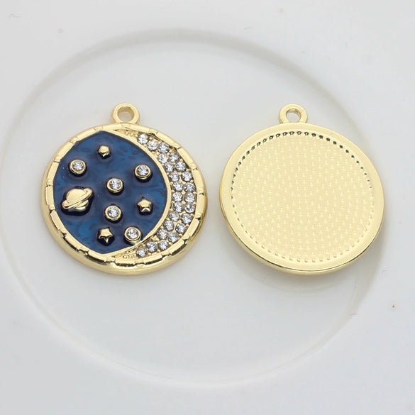 Zinc Alloy Star And Moon Round Coin Pendants With Dripping Oil Finish For Diy Jewelry Making Accessories