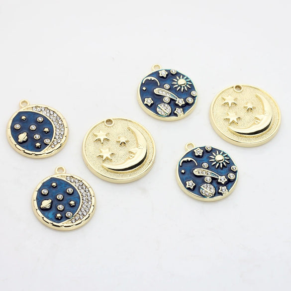 Zinc Alloy Star And Moon Round Coin Pendants With Dripping Oil Finish For Diy Jewelry Making Accessories