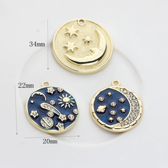 Zinc Alloy Star And Moon Round Coin Pendants With Dripping Oil Finish For Diy Jewelry Making Accessories
