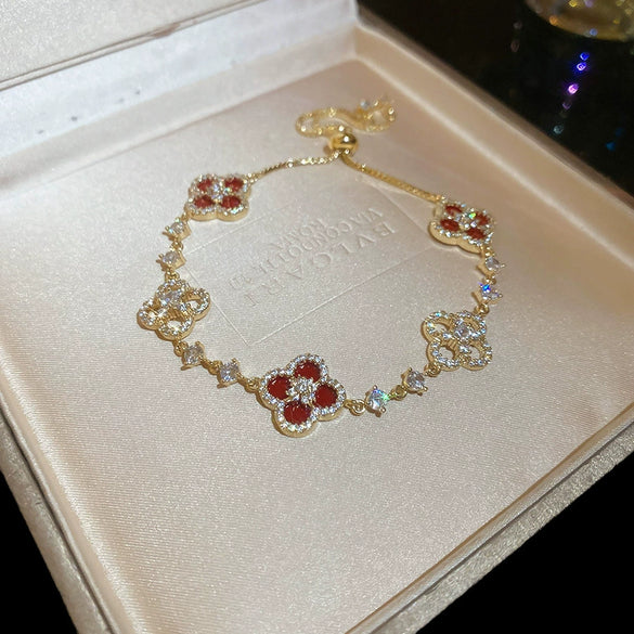 Zircon Flower Rhombus Hollow Handmade Adjustable Light Luxury All Match Elegant Women's Bracelet