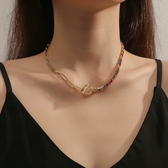 Zircon Necklace Mixed Gem Inlay Electroplating Ochain Geometric Rhombus Simple Style For Women