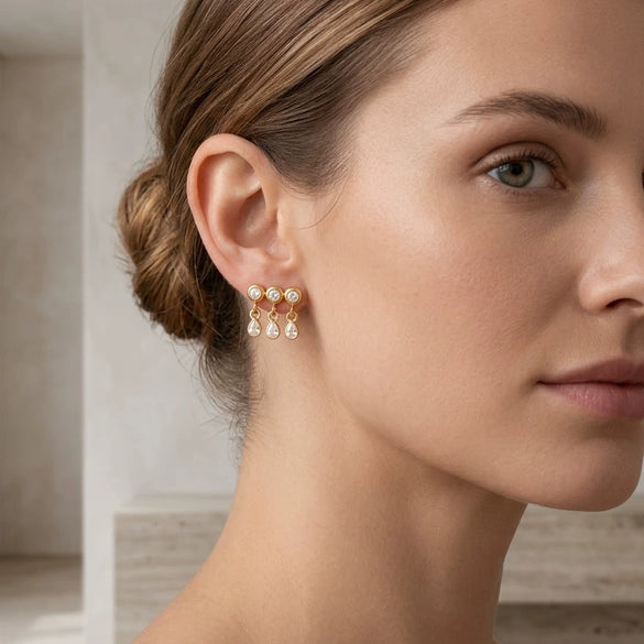 Zircon Water Drop Stud Earrings With Stainless Steel Posts Vacuum Gold Plated Geometric Jewelry For Women